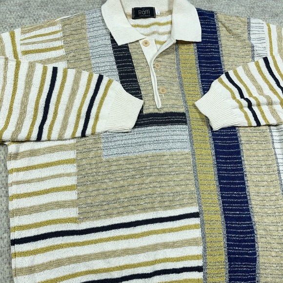 Vintage Grandpa Sweater Men Large Green Blue Geometric Colorblock Collared Italy - Picture 3 of 11